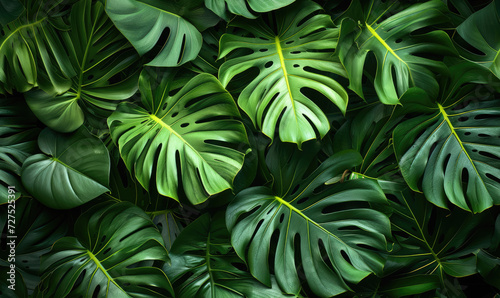 Immerse Yourself in Nature's Tapestry: A Lush Panoramic Backdrop of Dark Green Tropical Leaves Including Monstera, Palm, Coconut, Fern, and Banana Leaf. 