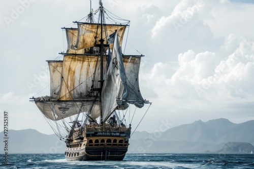 Majestic sails unfurl against the sky, as the grand ship cuts through the waves, a relic of seafaring days emboldened by the breeze.