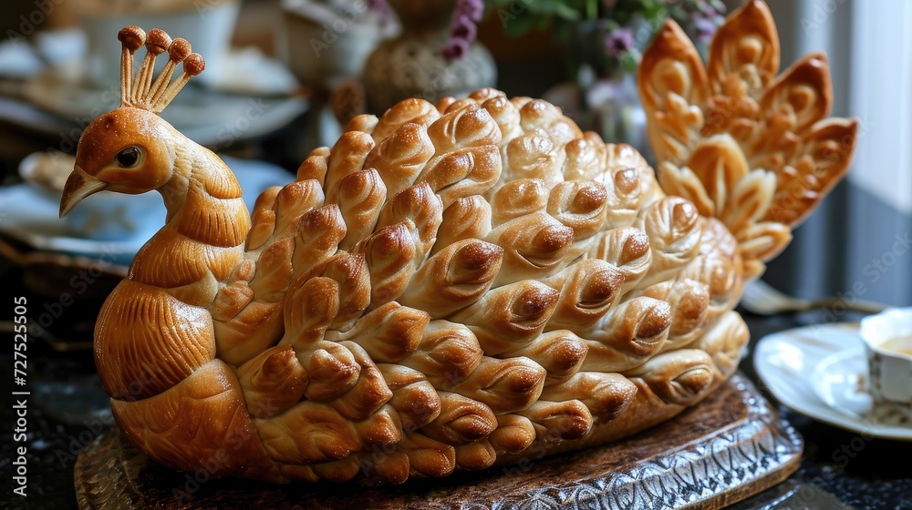 Obraz premium Unique bread loaf resembling an peacock resting on a wooden table, Ai Generated