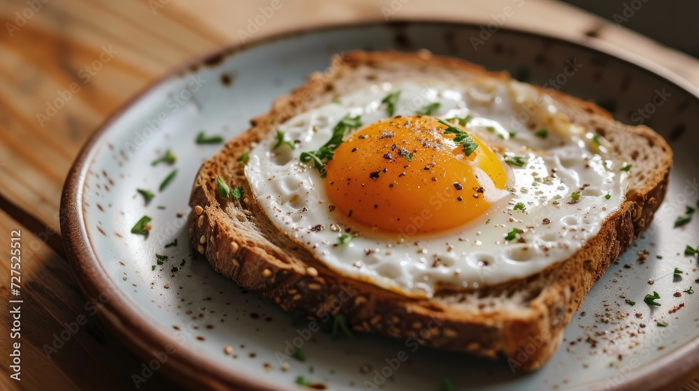 Plate featuring a piece of bread topped with a perfectly cooked egg, Ai Generated Plate featuring a piece of bread topped with a perfectly cooked egg, Ai Generated