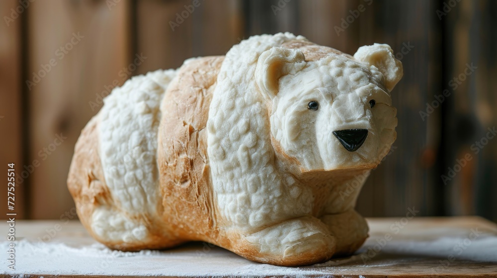 Obraz premium Unique bread loaf resembling an polarbear resting on a wooden table, Ai Generated