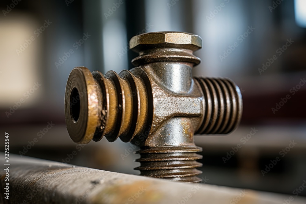 Close-up shot of a tension bolt in an industrial setting, showcasing its intricate design and the raw power it holds within