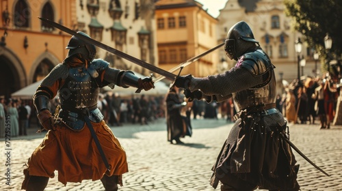 Medieval soldier in battle training drill in armor in Prague city in Czech Republic in Europe.