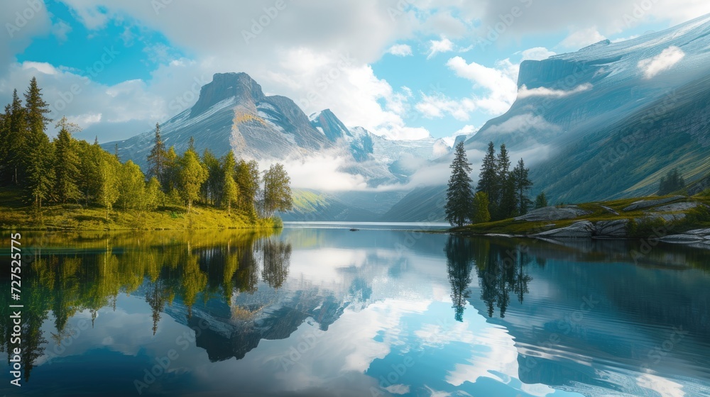 Tranquil mountain landscape with a serene lake reflecting its majesty, a peaceful haven, Ai Generated
