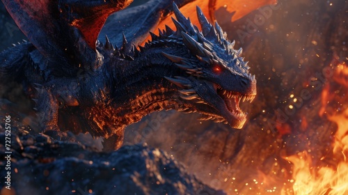Close-up view of an angry evil dragon with red eyes and fire flames.