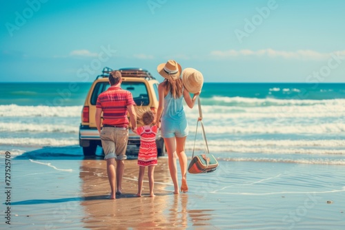 A family basks in the joy of a sunny beach day, their footsteps in the sand merging with the rhythm of the waves, as their adventure begins by the sea.