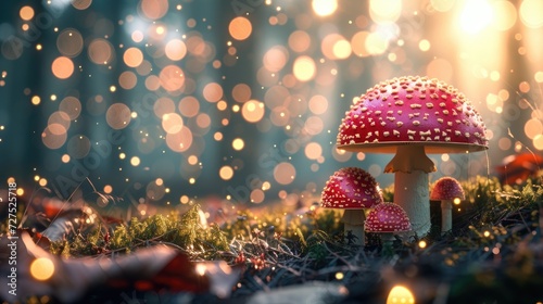 3D render of fly agaric mushroom in a forest, surrounded by enchanting bokeh lights, Ai Generated.