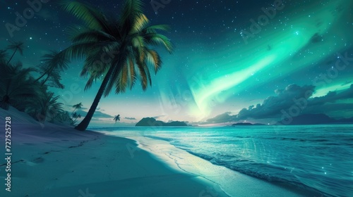 Tropical beach meets northern lights in a surreal fusion of nature's beauty, Ai Generated