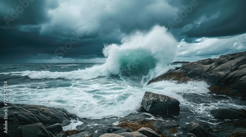 Powerful wave crashes against rocky shore under stormy skies, nature's fierce display, Ai Generated