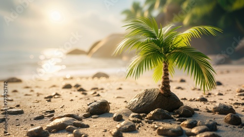 A petite palm tree sways gently on a sandy beach, rocks in the backdrop, Ai Generated