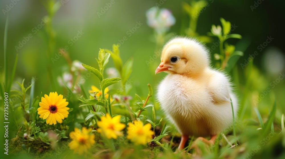 Small yellow chick sits amidst the grass next to colorful flowers, a scene of youthful innocence, Ai Generated.