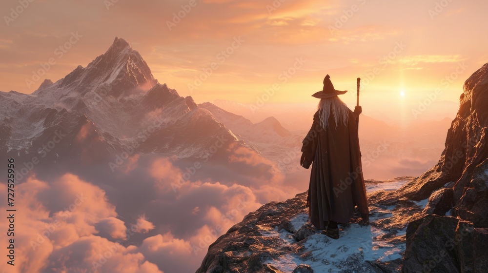 Misty mountain with a wizard on top at sunrise. Fantasy and adventure concept.