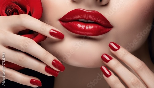 Person with red lips and nails holding a red rose. 