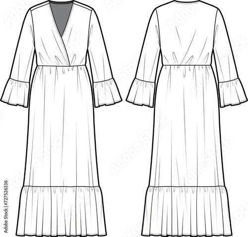 Technical flat sketch of Ruffled maxi dress. Front wrap dress with bell sleeves. Long sleeve with flounce details. Front and back apparel. Vector mock up Template.