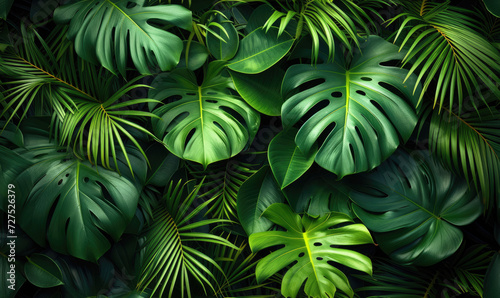 Immerse Yourself in Nature's Tapestry: A Lush Panoramic Backdrop of Dark Green Tropical Leaves Including Monstera, Palm, Coconut, Fern, and Banana Leaf. 