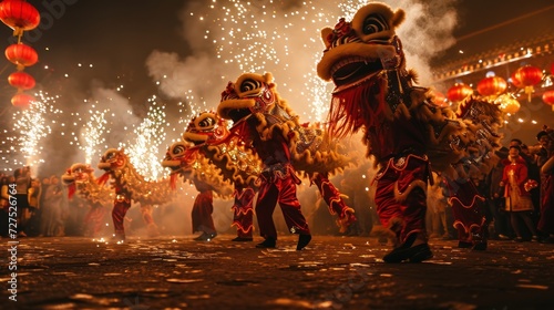 Lion dance in street with firecrackers as the traditional Chinese folk event activities during Chinese lunar new year celebration. © Joyce