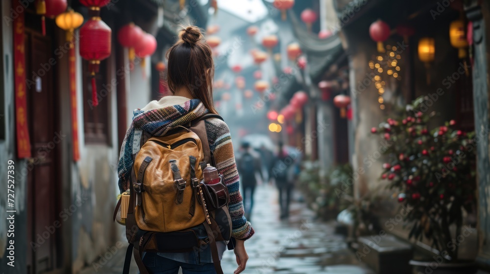 A female traveler in old town street with Chinese lunar new year decoration.