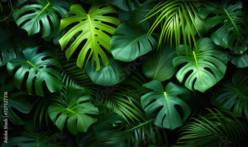 Immerse Yourself in Nature's Tapestry: A Lush Panoramic Backdrop of Dark Green Tropical Leaves Including Monstera, Palm, Coconut, Fern, and Banana Leaf. 