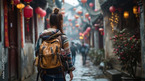 A female traveler in old town street with Chinese lunar new year decoration. © Joyce