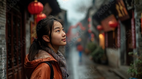 A female traveler in old town street with Chinese lunar new year decoration.