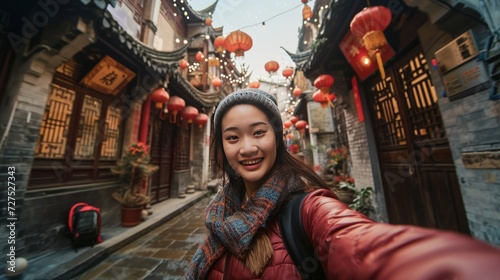 A young girl taking selfie in old town street with Chinese lunar new year decoration. © Joyce