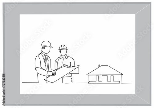 continuous line drawing home building engineer simple construction supervision vector illustration.industrial