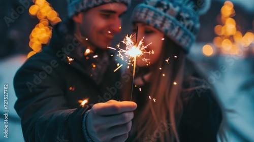 A young couple play with sparkler fireworks in holiday celebration event party.