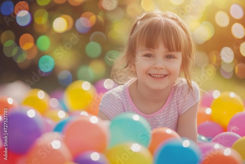 aAhappy girl plays with colorful balls in the sunshine.