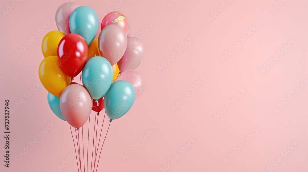 Balloons over pink plain background with copy space decorated for holiday celebration party.