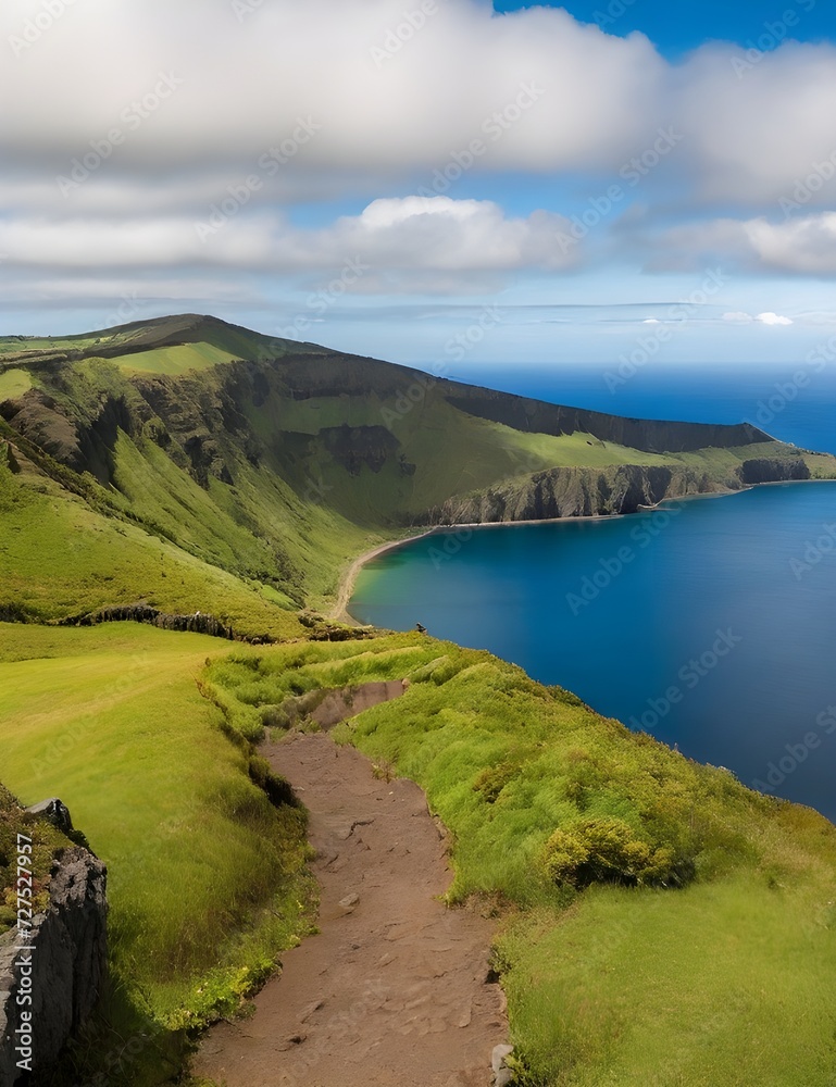 Mountain landscape with hiking trail and view of beautiful lakes, Ponta Delgada, Sao Miguel Island, Azores, Portugal Generative AI