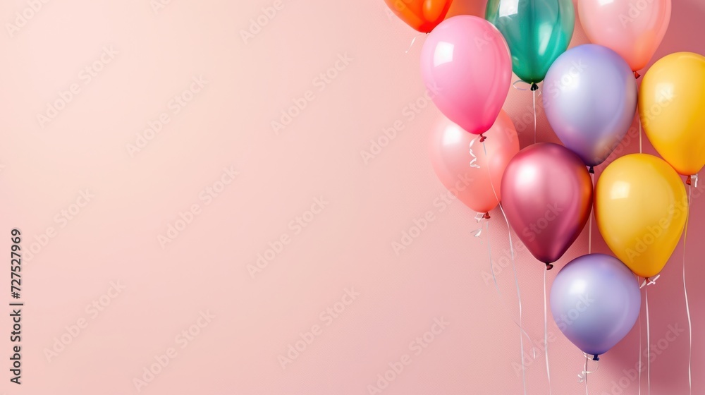 Balloons over pink plain background with copy space decorated for holiday celebration party. Balloons over pink plain background with copy space decorated for holiday celebration party.