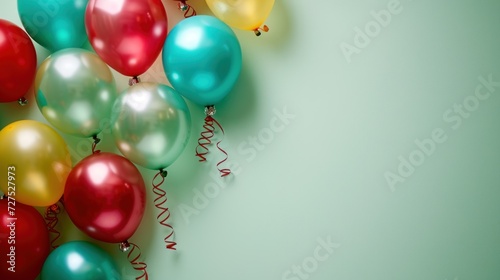 Balloons over green plain background with copy space decorated for holiday celebration party.