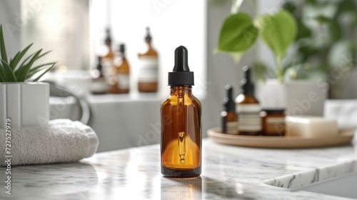 sleek amber glass dropper bottle prominently stands on a marble bathroom counter, amidst a serene setting of green houseplants and assorted wellness products photo