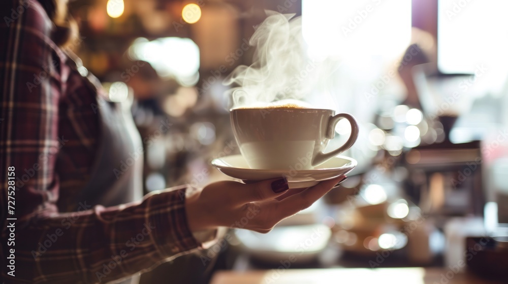 Hot steaming coffee drinks are being made in a coffee shop. Hot steaming coffee drinks are being made in a coffee shop.