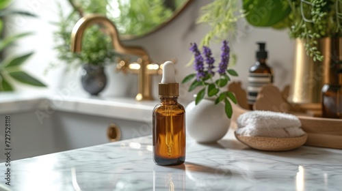 sleek amber glass dropper bottle prominently stands on a marble bathroom counter  amidst a serene setting of green houseplants and assorted wellness products