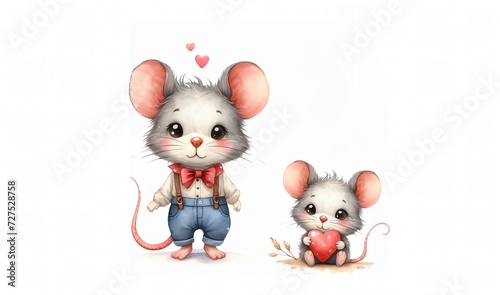 Valentine day cute illustration. Happy mouse dad and son with heart watercolor painting isolated 