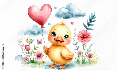 Valentine day cute illustration. Happy yellow duck with heart watercolor painting isolated  © Anastasia Knyazeva