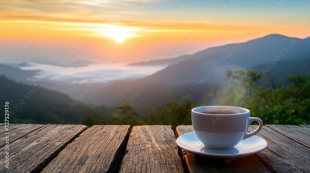 Close-up view of a cup of coffee on table with sunrise over mountain ridge with fog. Close-up view of a cup of coffee on table with sunrise over mountain ridge with fog.