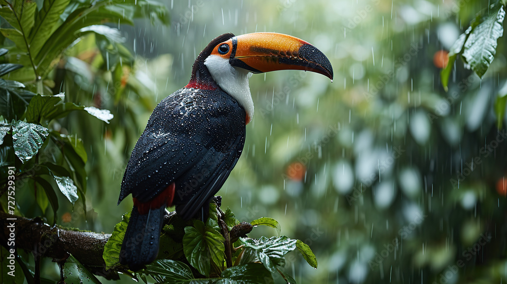 Naklejka premium bird with open beak A toucan with a chestnut mandible sits on a branch in the rain. With a green forest as the background.