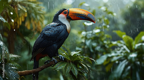 bird with open beak A toucan with a chestnut mandible sits on a branch in the rain. With a green forest as the background. photo
