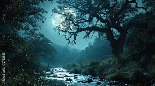 Capture the magic of a moonlit night in a tranquil forest, with the silvery glow illuminating the foliage and creating a dreamlike atmosphere photo