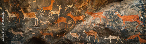 Prehistoric rock painting on ancient cave wall by caveman. photo