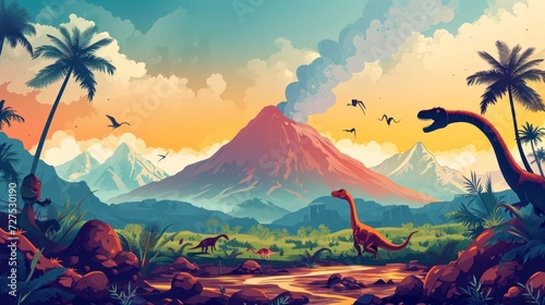 Fototapeta Naklejka Na Ścianę i Meble -  Vector illustration of prehistoric theme with dinosaurs jungle volcano on white background.