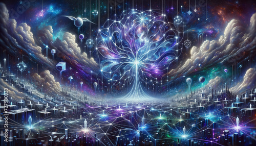 Surreal Neural Network: A cosmic constellation of interconnected nodes and abstract shapes embodying the enigmatic nature of AI.