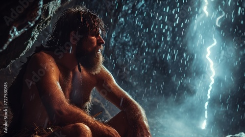 Caveman in heavy rainstrom watching a lightning bolt strike on ground. Photorealistic.