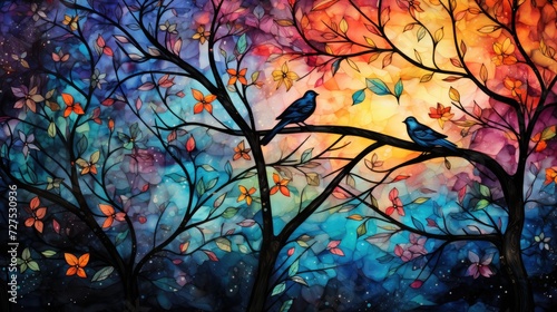 Watercolor painting of tree with birds on colorful background.