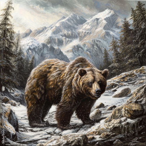 a brown bear walking in the snow in the mountains