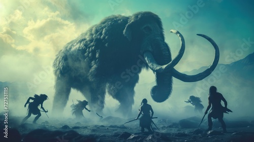 Hunting scene of a team of primitive cavemen attacking a giant mammoth in wild field.