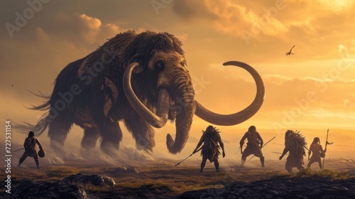 Hunting scene of a team of primitive cavemen attacking a giant mammoth in wild field. © Joyce