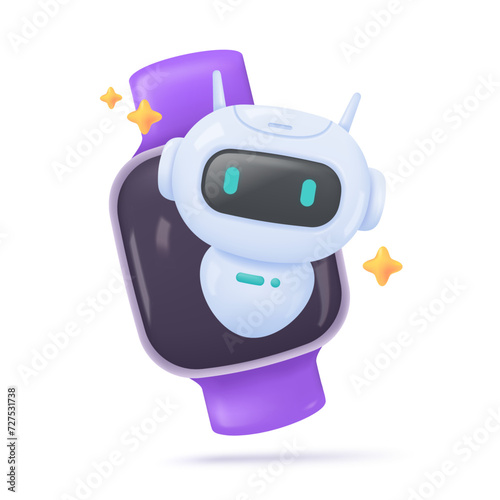 3D robot on a smart watch. The idea of ​​using AI technology in a smart watch. To help monitor bodily functions in patients. 3D vector Illustration.